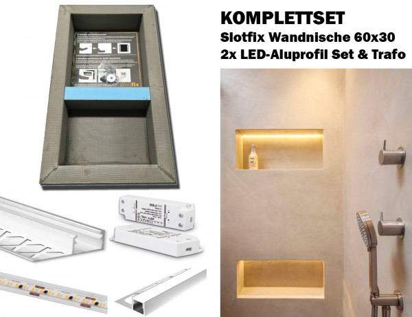 Slotfix® Wandnische + LED Beleuchtung SET - Wandnische befliesbar + LED-Kit beleuchtet